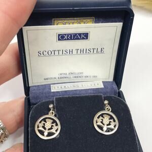 New ORTAK of Scotland 925 Sterling Silver Thistle Drop Earrings in Original Box